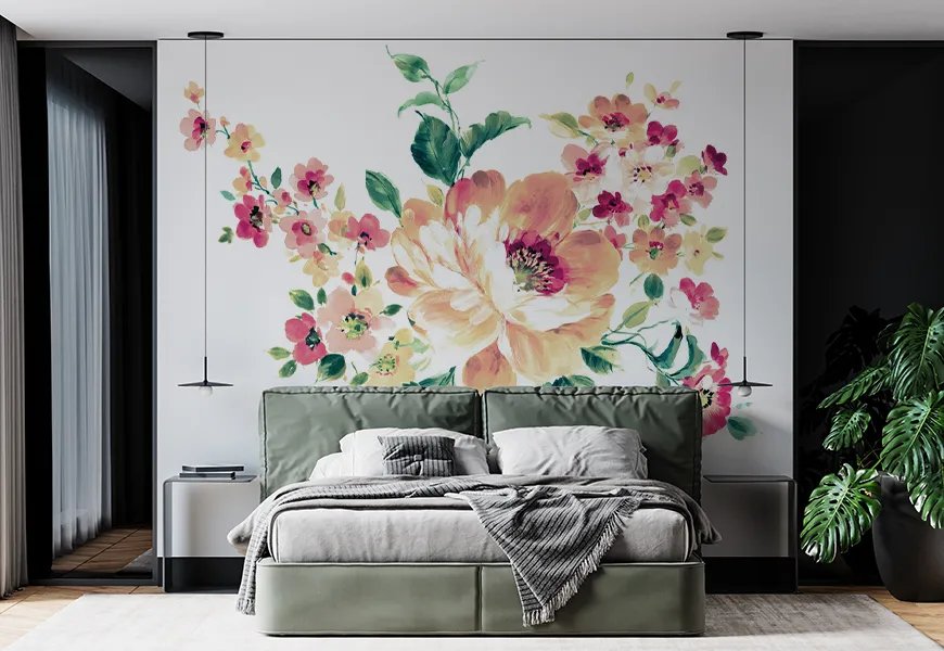 کاغذ دیواری 3 بعدی اتاق خواب عروس و داماد تک گل زیبا
